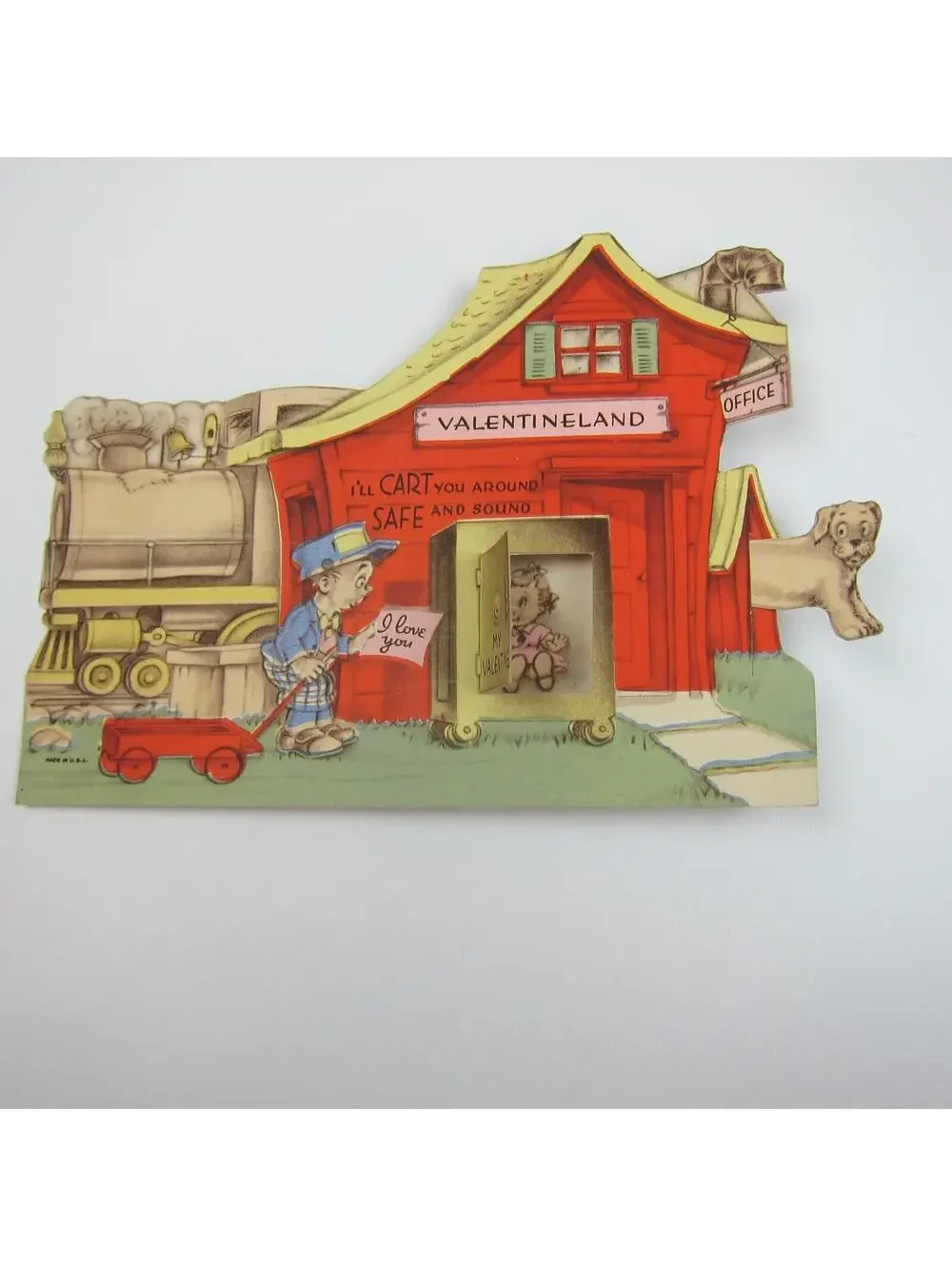 Vintage Valentine Card Mechanical Train Dog Moves Door Opens to Girl in Pink XL